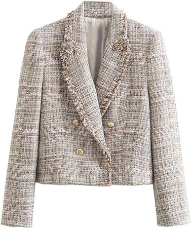 Womens Tweed Blazer Long Sleeve Fashion Casual Jacket Business Work Office Fall Winter Clothes(G) (Size-S,Off-White) at Amazon Women’s Clothing store