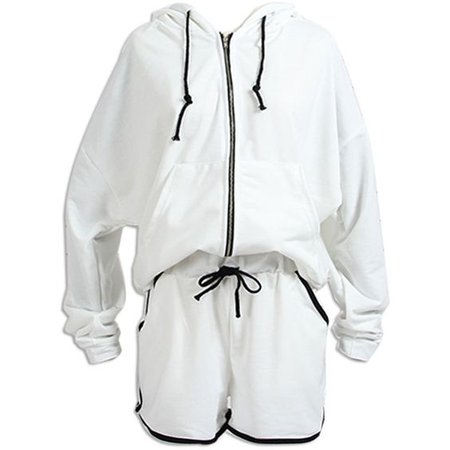 White Contrast Zipper Up Hoodie And Drawstring Waist Shorts