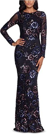 Amazon.com: Betsy & Adam Long Long Sleeve Floral Sequin Gown Black/Teal 10 : Clothing, Shoes & Jewelry