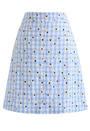 Summer Daisy Printed Gingham Bud Skirt in Blue - Retro, Indie and Unique Fashion