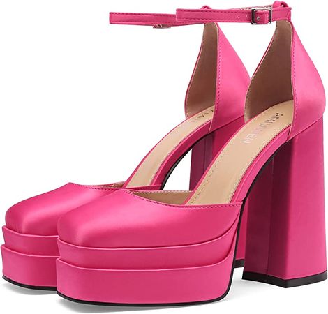 Amazon.com | amiuwen Women Platform Pump Sandals,5" Chunky Block Heel,Ankle Strap Buckle,Silk Satin Closed Square Toe,Party,Disco,Street(6,Fuchsia) | Heeled Sandals