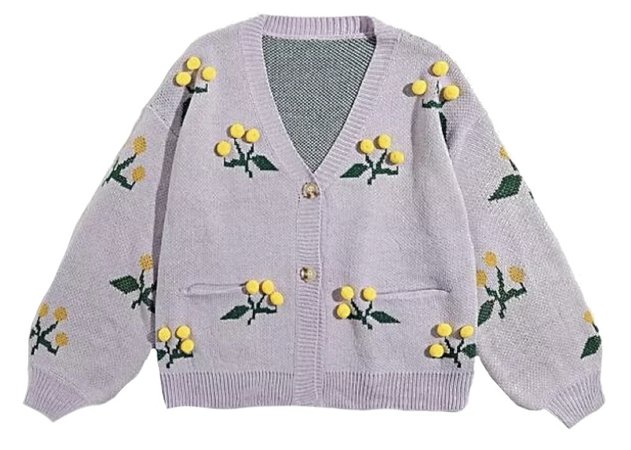 knit purple / lilac cardigan with yellow flowers