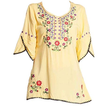 Kafeimali Women's Embroidery Mexican Bohemian Cotton Tops Shirt Tunic Blouses (Yellow) at Amazon Women’s Clothing store: