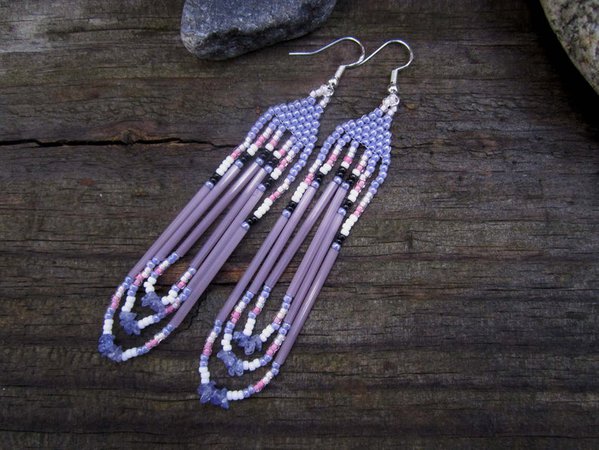 Iolite Seed Beaded Earrings Purple Pink White Hand Made in | Etsy