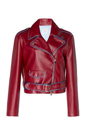 STELLA JEAN burgundy Matte moto jacket with contrasting blue pipping