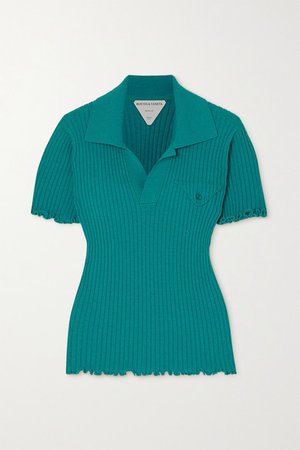 Ruffled Ribbed Wool Polo Shirt - Blue
