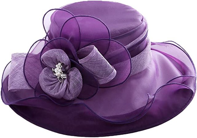 June's Young Women Derby Hats Organza Lace Wedding Dress Church Hat Wide Brim (Purple) : Clothing, Shoes & Jewelry