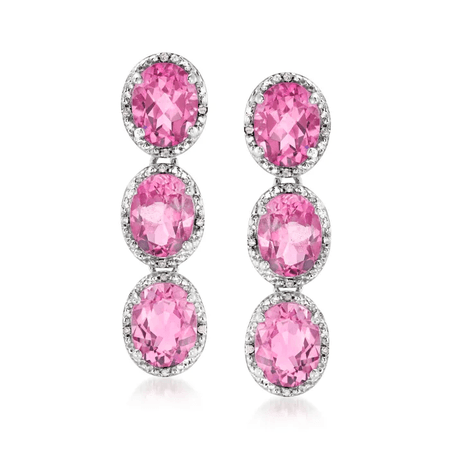 13.40 ct. t.w. Pink Topaz and .12 ct. t.w. Diamond Halo Three-Stone Drop Earrings in Sterling Silver