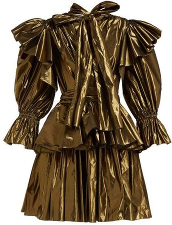 Ruffled Lame Mini Dress - Womens - Bronze