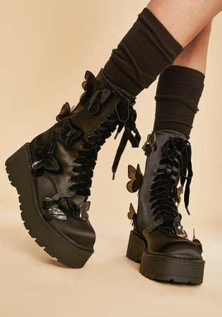 Current Mood Butterfly Combat Boots - Black Satin | Dolls Kill