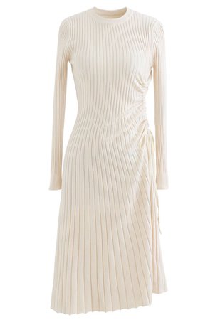 Side Drawstring Ribbed Knit Midi Dress in Ivory - Retro, Indie and Unique Fashion