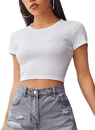 Romwe Women's Casual Summer Crop Top Solid Short Sleeve Workout Crop Blouse Tee T-Shirt at Amazon Women’s Clothing store