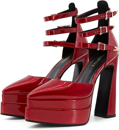 Amazon.com | FINDVELL Chunky Platform Heels for Women Pumps Hot Pink Block High Heels Dress Closed Toe Ankle Strap Rhinestone Wedding Shoes Sandals | Pumps