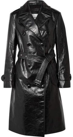 Double-breasted Leather Trench Coat - Black