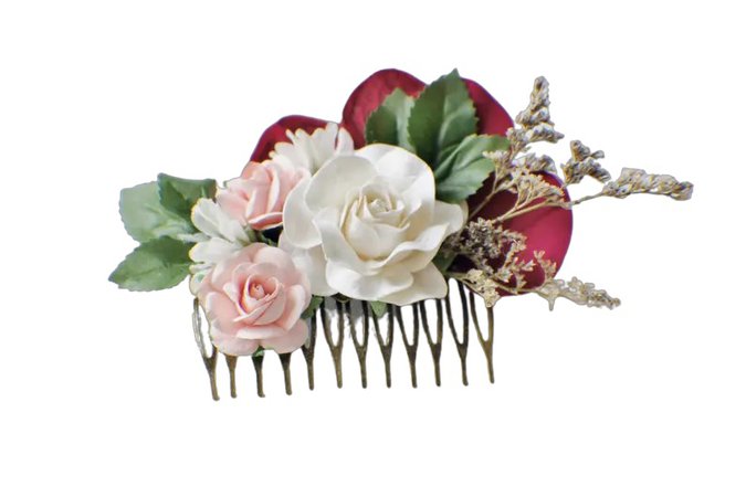 Wedding Hair Comb, Bridal Comb, Floral Hair Comb, Wedding Comb, Boho Flower Comb, Boho, Hair Comb, Ivory Comb, Marsala Red, Greenery, White