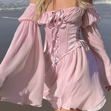Pink Long Sleeve Corset Dress | Vintage Fairy Dress Pink | Pink Chiffon Dress Fairy - Dresses - Aliexpress