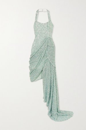 Green Asymmetric draped sequined lace dress | Halpern | NET-A-PORTER