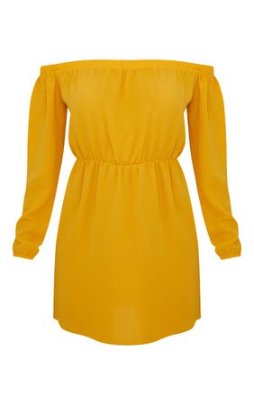 Mustard Bardot Puff Sleeve Skater Dress | PrettyLittleThing USA