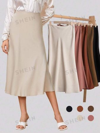 SHEIN BIZwear Solid Color High-Waisted Satin Midi Skirt For Women's Workwear | SHEIN