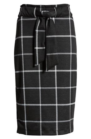 Sentimental NY Glen Plaid Tie Waist Knit Pencil Skirt black