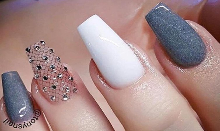 grey, white and diamond nails