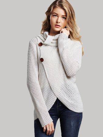 Button Front High Neck Overlap Sweater | SHEIN