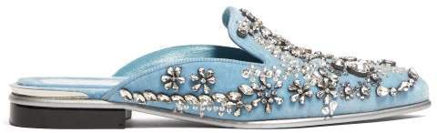 Crystal Embellished Velvet Backless Loafers - Womens - Light Blue