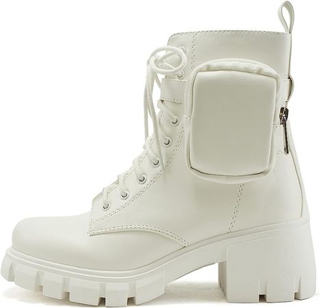 Amazon.com: Soda BREACH ~ Women Lug Sole Mid Shaft Chunky Heel Fashion Combat Lace up Bootie W/Side Zipper & Pouch (White Pu, us_footwear_size_system, adult, women, numeric, medium, numeric_6) : Clothing, Shoes & Jewelry