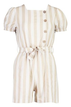 Button Front Linen Stripe Playsuit | Boohoo stone