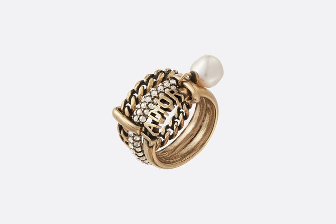 J'Adior Ring Antique Champagne-Finish Metal, White Crystals and a White Resin Pearl - products | DIOR