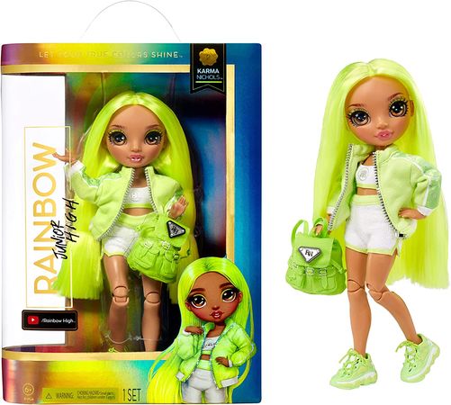 Rainbow High Jr High Series 2 Karma Nichols- 9" NEON Green Posable Fashion Doll with Designer Accessories and Open/Close Backpack. Great Toy Gift for Kids Ages 6-12 Years Old & Collectors : Toys & Games