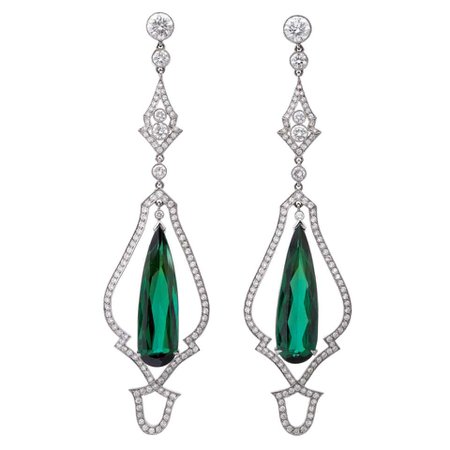 Stunning Green Tourmaline and Diamond Platinum Drop Earrings-Retail 28,500 For Sale at 1stDibs