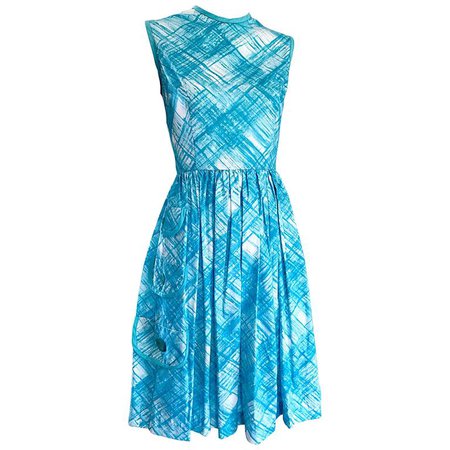 1950s Turquoise Blue and White Diagonal Plaid Cotton + Rayon Fit n Flare Dress For Sale at 1stdibs