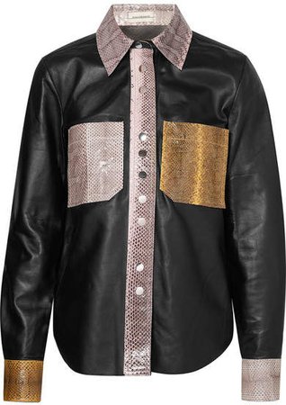 Estasa Watersnake-trimmed Leather Shirt - Black
