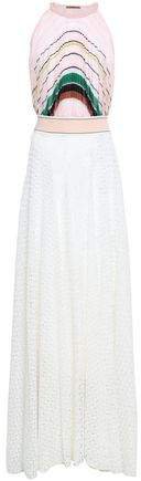 Paneled Pleated Striped Crochet-knit Maxi Dress