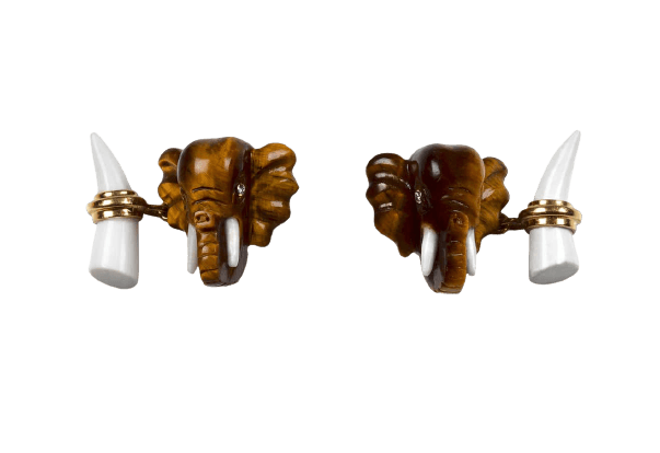 18 Karat Yellow Gold Tiger's Eye Elephant Heads Diamond Cufflinks