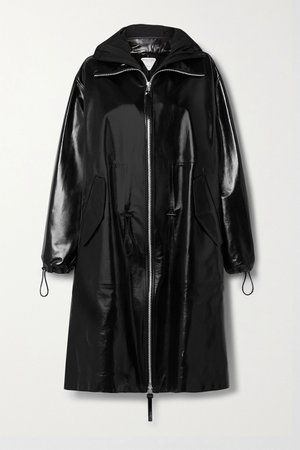 Black Hooded shell-trimmed leather coat | Bottega Veneta | NET-A-PORTER