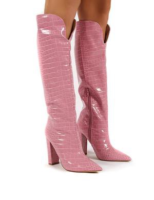 Slow Pink Croc Knee High Block Heel Boots|Public Desire – Public Desire UK