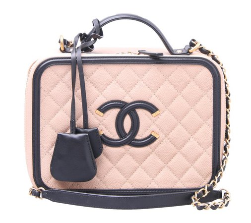 Chanel Beige And Black Vanity Case Large Satchel Bag