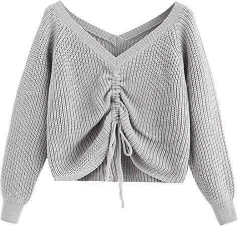MakeMeChic Women's Casual Drawstring Front Sweater V Neck Long Sleeve Crop Top at Amazon Women’s Clothing store