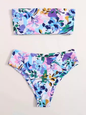 Floral Lace-up Bandeau Bikini Swimsuit | SHEIN USA