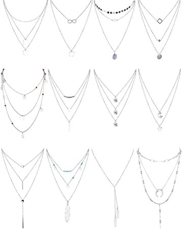 Amazon.com: Finrezio 12 PCS Silver Plated Layered Necklace for Women Girls Sexy Long Choker Chain Y Necklace Bar Feather Pendent Necklace Sets: Jewelry