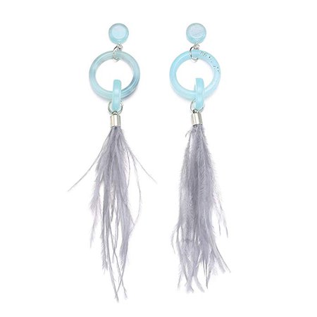 Feather Drop Earrings, Boho Acrylic Circle Hoop with Long Feather Drop Earrings, Blue and Grey: Clothing
