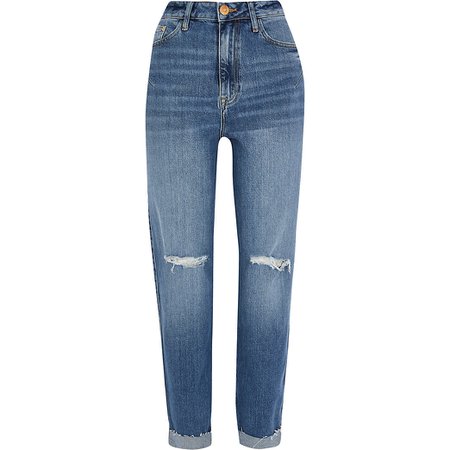 Blue ripped high waisted mom stretch jean | River Island