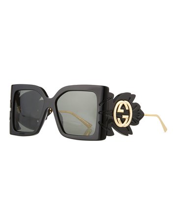 Gucci Square Acetate Sunglasses w/ Oversized Leaf & GG Temples | Neiman Marcus