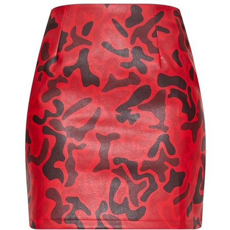 Red Faux Leather Camo Print Mini Skirt