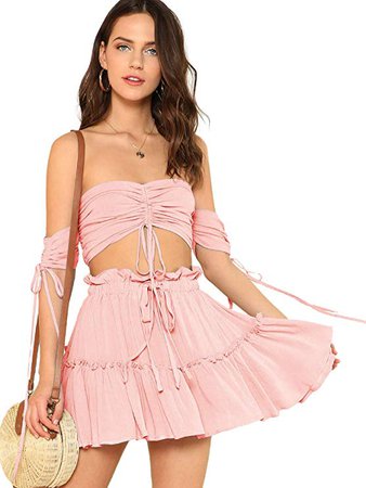 Floerns Women's Two Piece Outfit Off Shoulder Drawstring Crop Top and Skirt Set at Amazon Women’s Clothing store