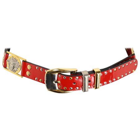 Gianni Versace Red Patent Leather Gold and Silver Studded Medusa Belt US$1,288