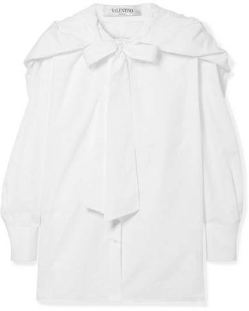 Hooded Pussy-bow Silk-trimmed Cotton-poplin Shirt - White