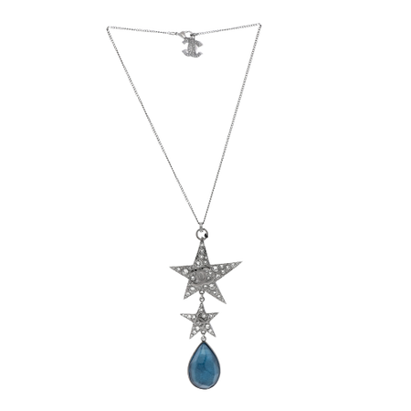 CHANEL - Crystal Resin CC Star Drop Necklace Silver Blue